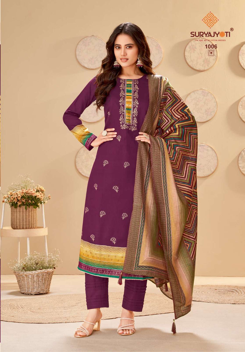 Suryajyoti Pallavi Vol 1 Jam Satin Print With Foil Handwork And Swarovski Salwar Kameez