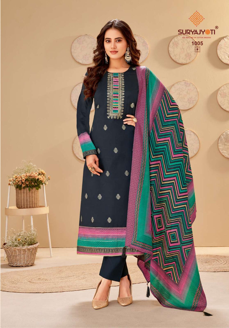 Suryajyoti Pallavi Vol 1 Jam Satin Print With Foil Handwork And Swarovski Salwar Kameez