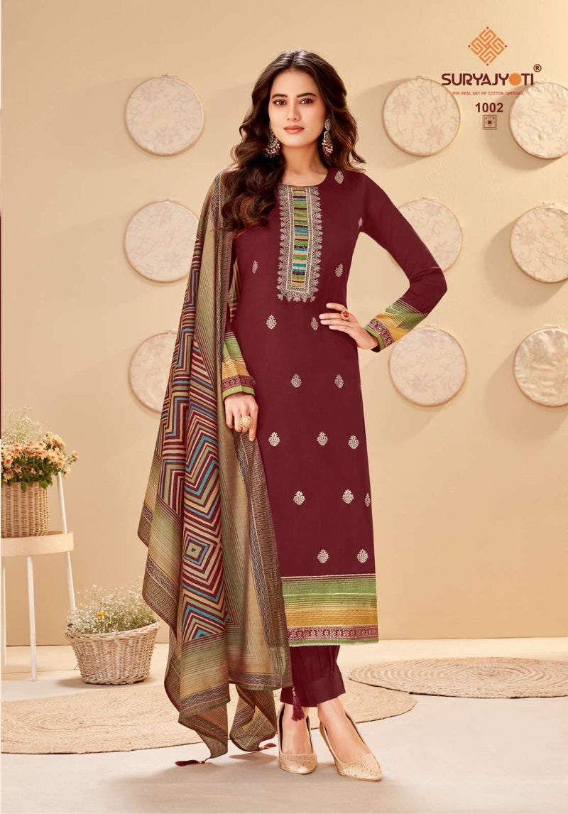 Suryajyoti Pallavi Vol 1 Jam Satin Print With Foil Handwork And Swarovski Salwar Kameez