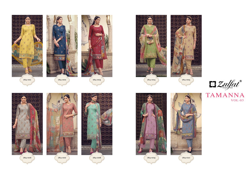Zulfat Designer Tanmana Vol 3 Cotton Designer Prints With Hand Work Salwar Suits