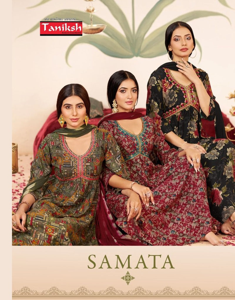 Taniksh Samata Vol 1 Rayon Foil Printed Embroidery Work Designer Kurtis