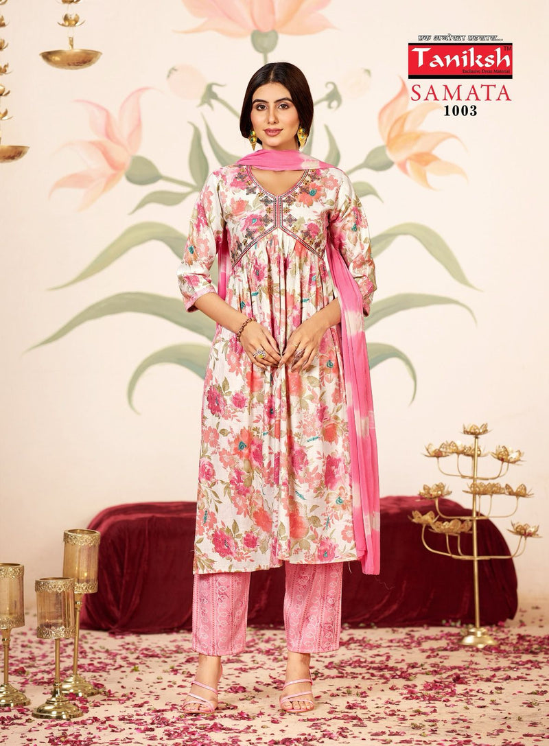 Taniksh Samata Vol 1 Rayon Foil Printed Embroidery Work Designer Kurtis