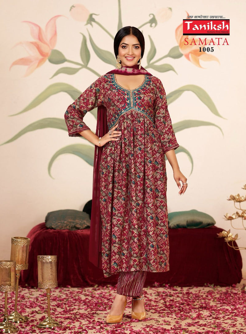 Taniksh Samata Vol 1 Rayon Foil Printed Embroidery Work Designer Kurtis