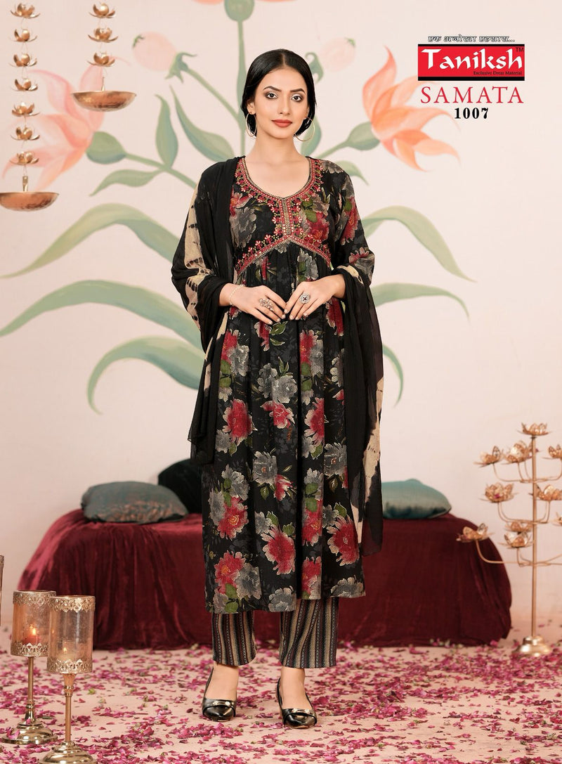 Taniksh Samata Vol 1 Rayon Foil Printed Embroidery Work Designer Kurtis