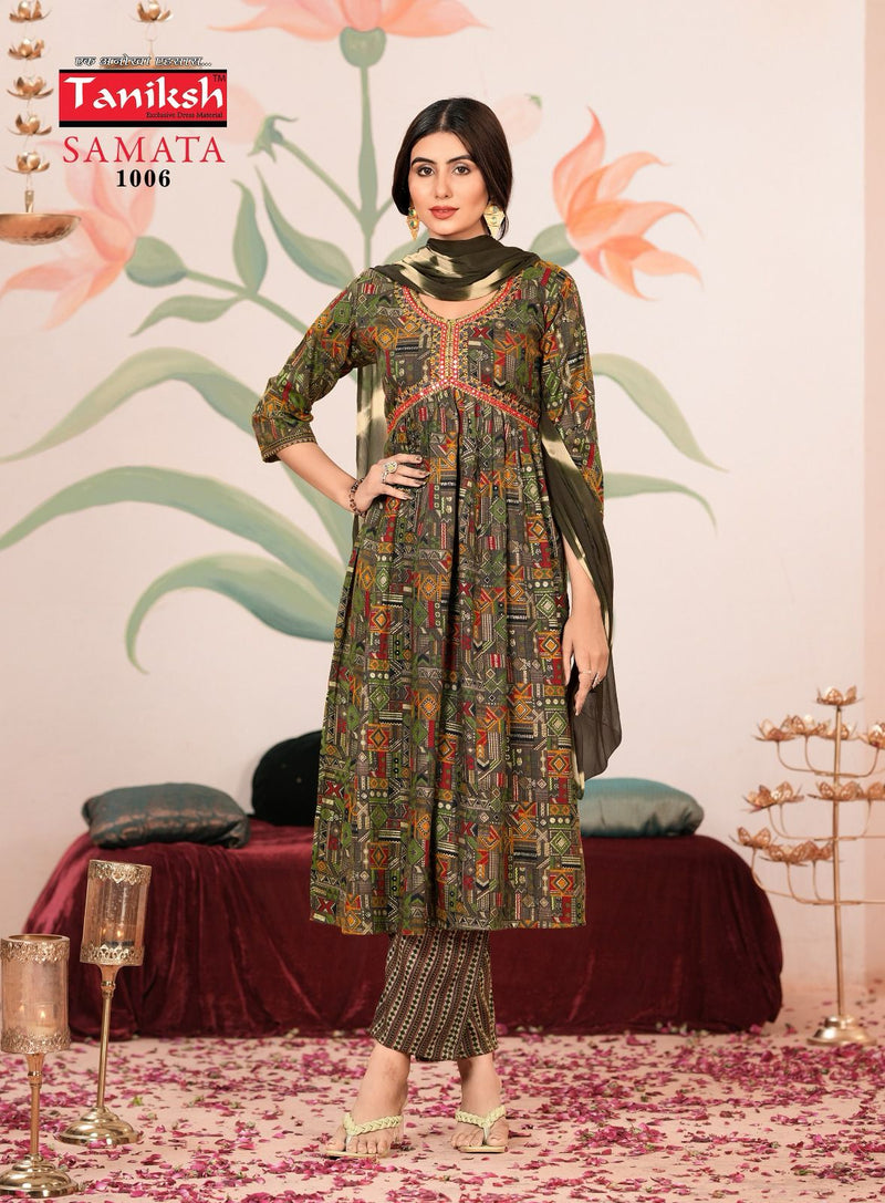 Taniksh Samata Vol 1 Rayon Foil Printed Embroidery Work Designer Kurtis