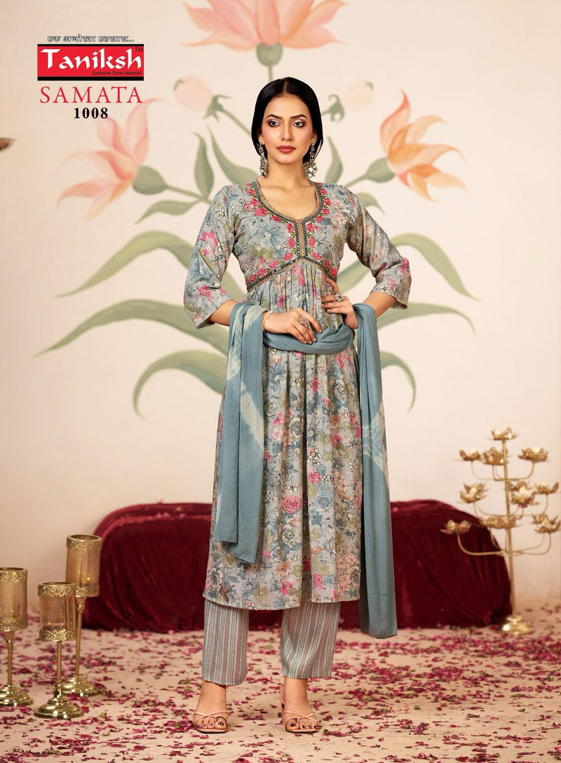 Taniksh Samata Vol 1 Rayon Foil Printed Embroidery Work Designer Kurtis