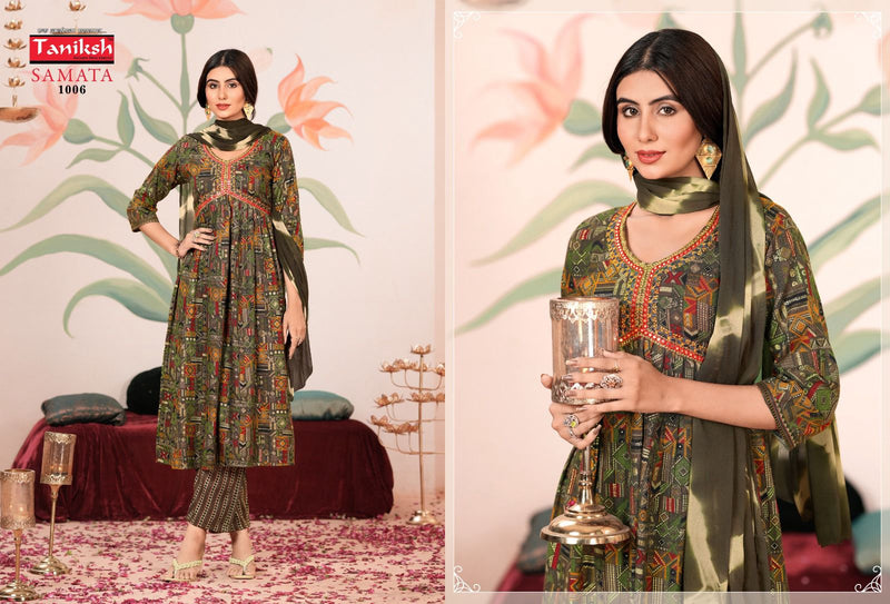 Taniksh Samata Vol 1 Rayon Foil Printed Embroidery Work Designer Kurtis