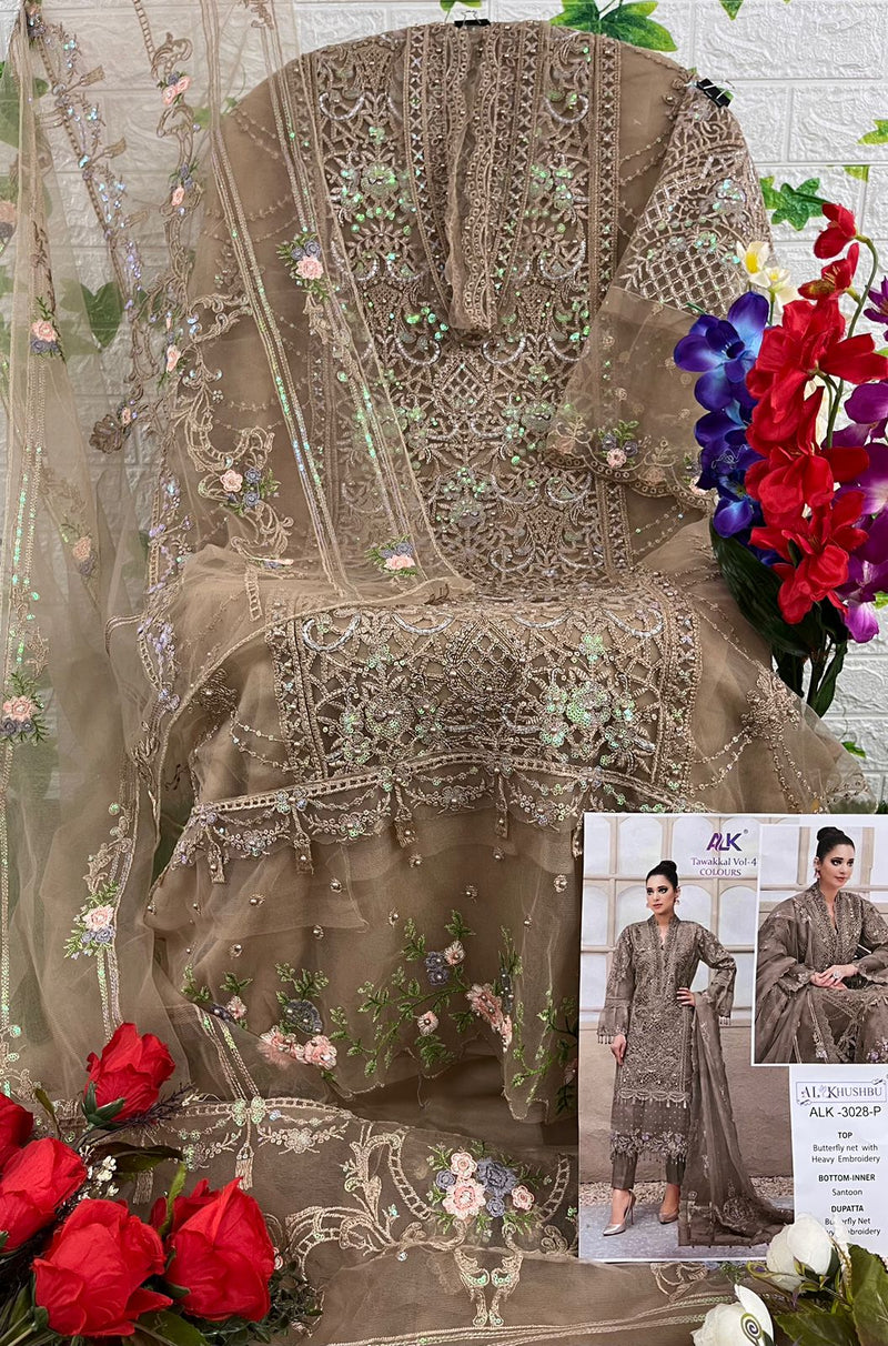 Al Khushbu Tawakkal Vol 4 Butterfly Net With Hevay Embroidery Designer Pakistani Suits