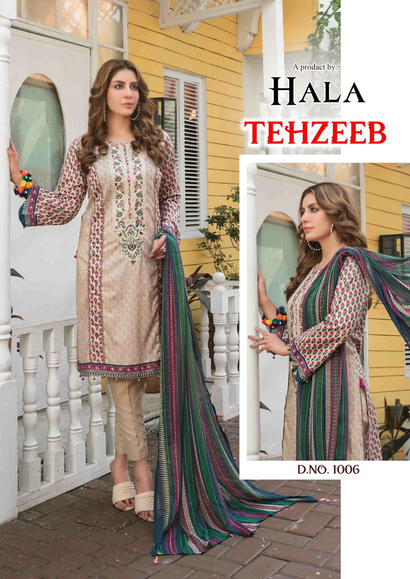 Hala Traders Tehzeeb Cambric Cotton With Embroidery Work Suits