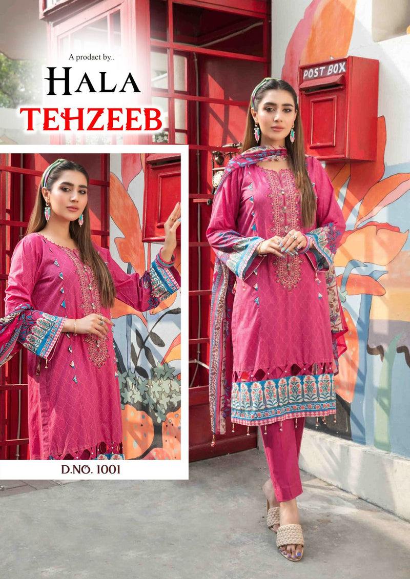 Hala Traders Tehzeeb Cambric Cotton With Embroidery Work Suits