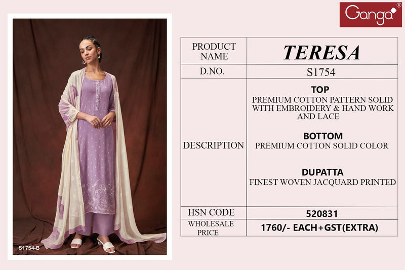 Ganga Teresa 1754 Cotton With Embroidery Designer Traditional Wear Suits