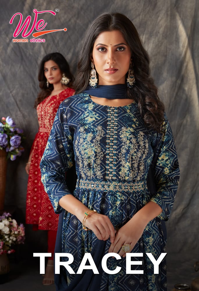 We Women Ethnics Tracey Rayon Prints Fancy Naira Style Kurti Pant & Dupatta Set