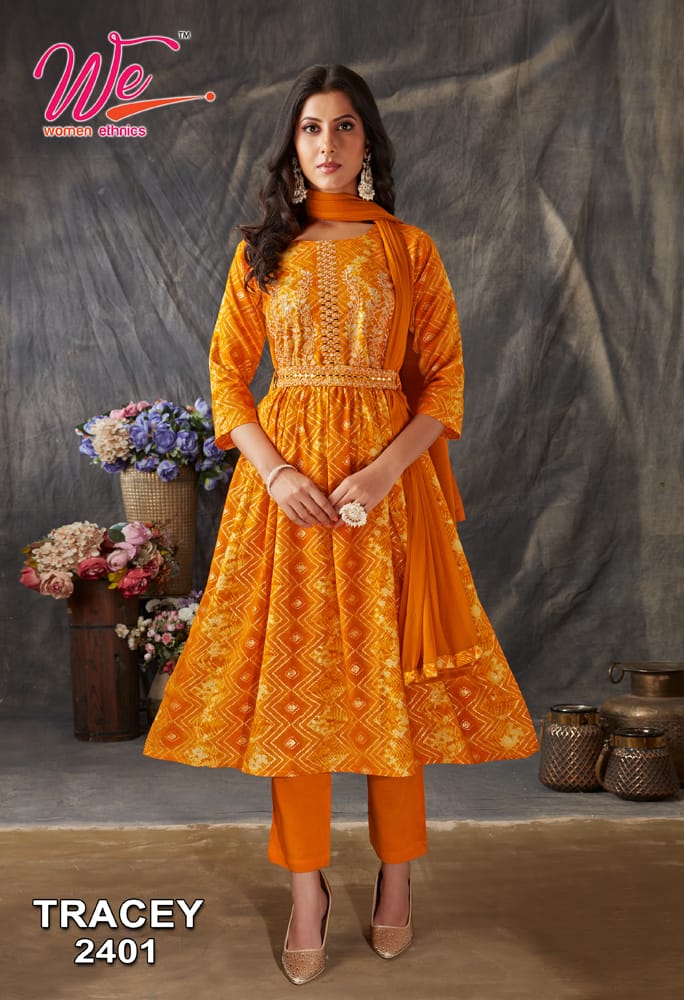 We Women Ethnics Tracey Rayon Prints Fancy Naira Style Kurti Pant & Dupatta Set