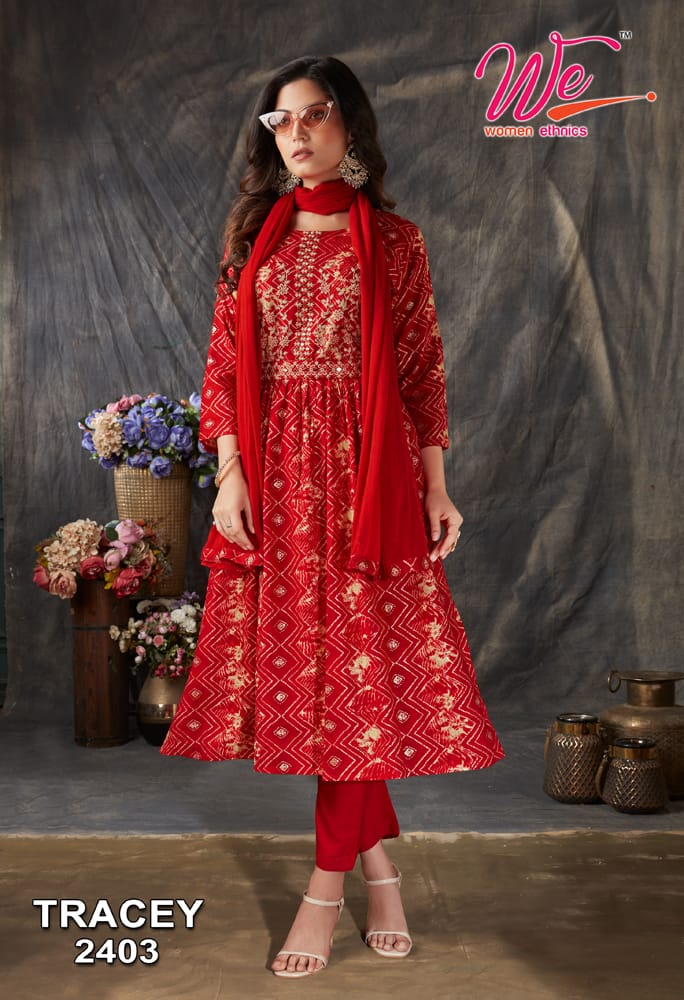 We Women Ethnics Tracey Rayon Prints Fancy Naira Style Kurti Pant & Dupatta Set