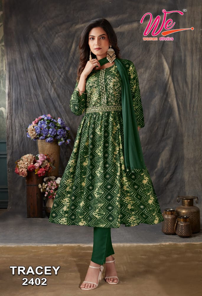 We Women Ethnics Tracey Rayon Prints Fancy Naira Style Kurti Pant & Dupatta Set