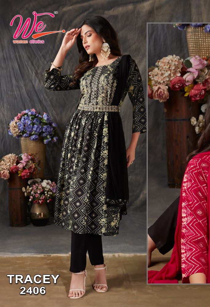 We Women Ethnics Tracey Rayon Prints Fancy Naira Style Kurti Pant & Dupatta Set