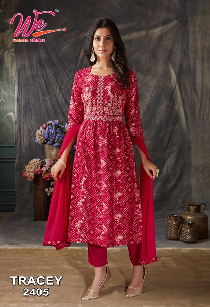 We Women Ethnics Tracey Rayon Prints Fancy Naira Style Kurti Pant & Dupatta Set