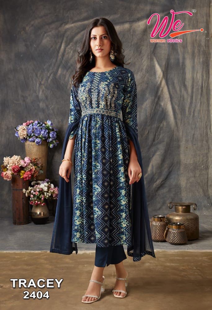 We Women Ethnics Tracey Rayon Prints Fancy Naira Style Kurti Pant & Dupatta Set