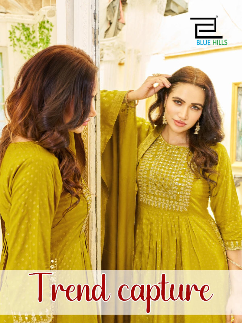 Blue Hills Trend Capture Rayon Foil Printed Designer Naira Style Kurti Collection