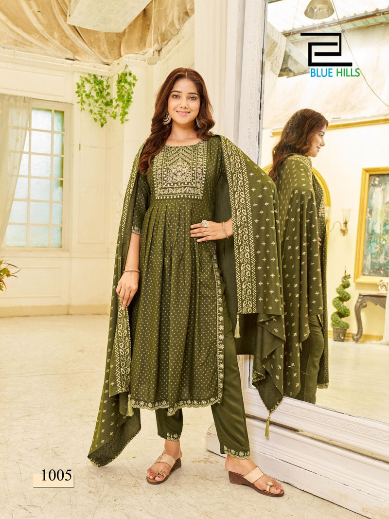 Blue Hills Trend Capture Rayon Foil Printed Designer Naira Style Kurti Collection