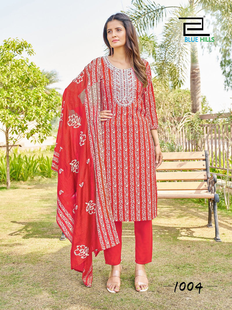 Blue Hills Trending Move Rayon Batik Prints With Thered Work Kurti Combo