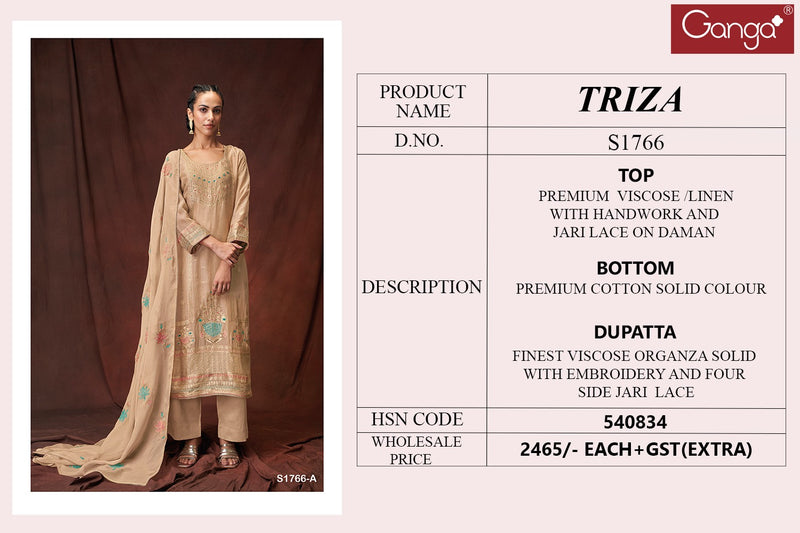 Ganga Triza 1766 Viscose Linen With Hand Work Salwar Suits