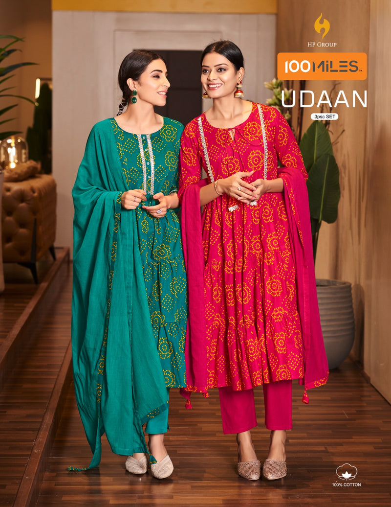100 Miles Udaan Cotton Printed Fabric Flared Dress Fancy Lace Detailing Kurti