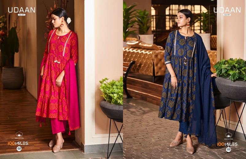 100 Miles Udaan Cotton Printed Fabric Flared Dress Fancy Lace Detailing Kurti