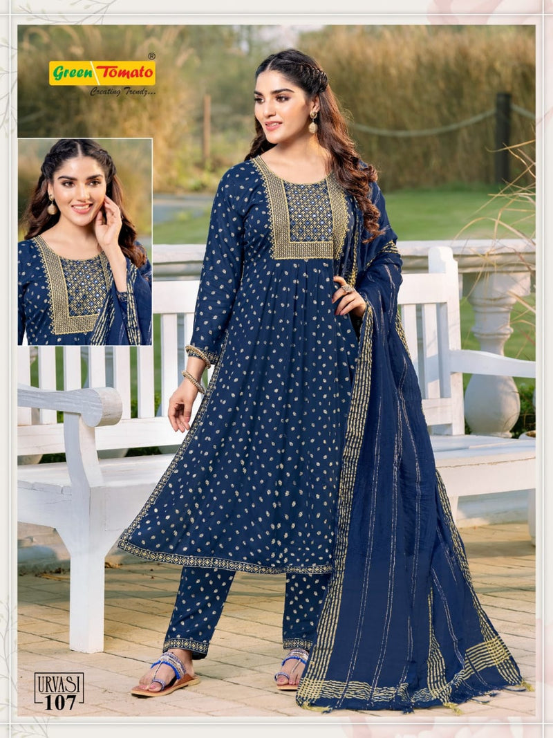 Green Tomato Urvasi Rayon Fancy Nayra Style Kurti Combo