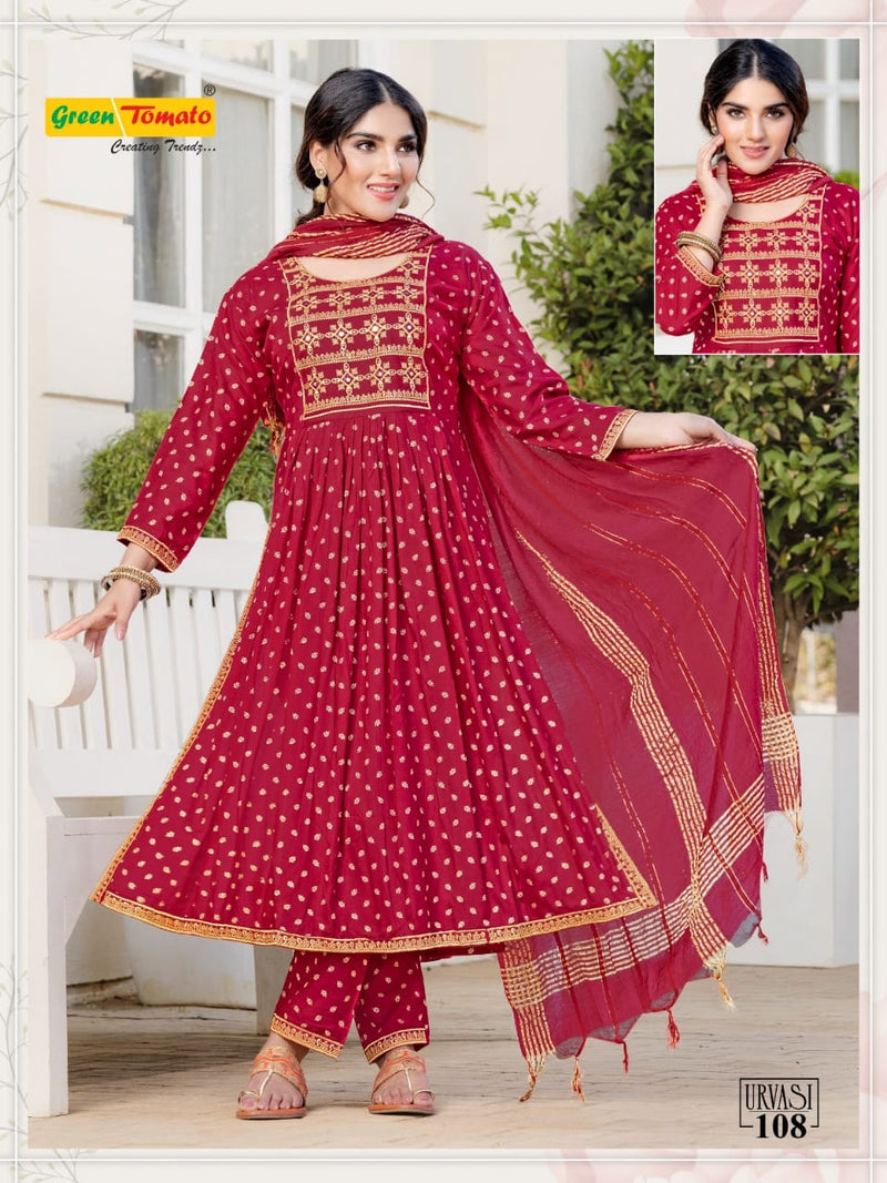 Green Tomato Urvasi Rayon Fancy Nayra Style Kurti Combo