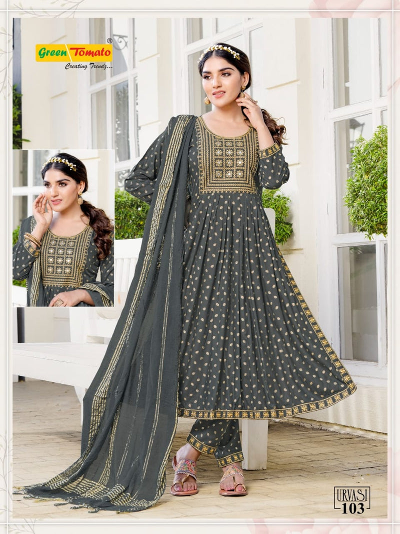 Green Tomato Urvasi Rayon Fancy Nayra Style Kurti Combo