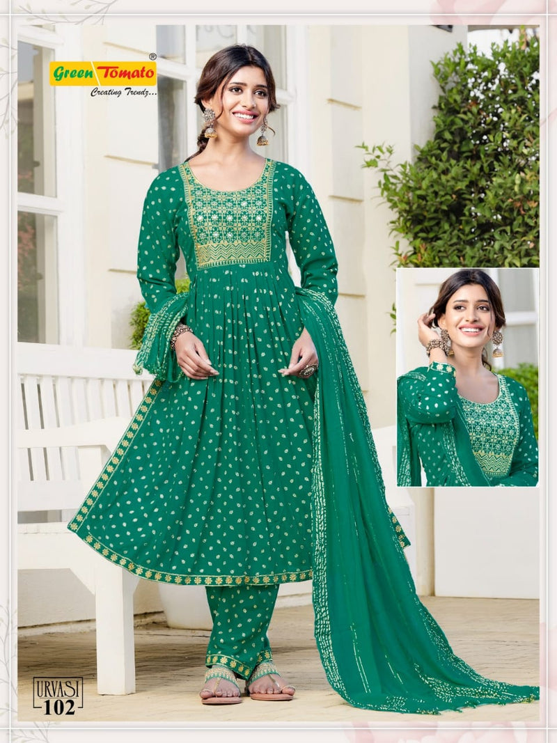 Green Tomato Urvasi Rayon Fancy Nayra Style Kurti Combo