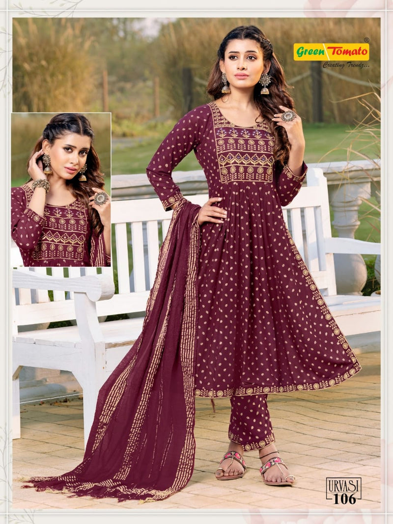 Green Tomato Urvasi Rayon Fancy Nayra Style Kurti Combo