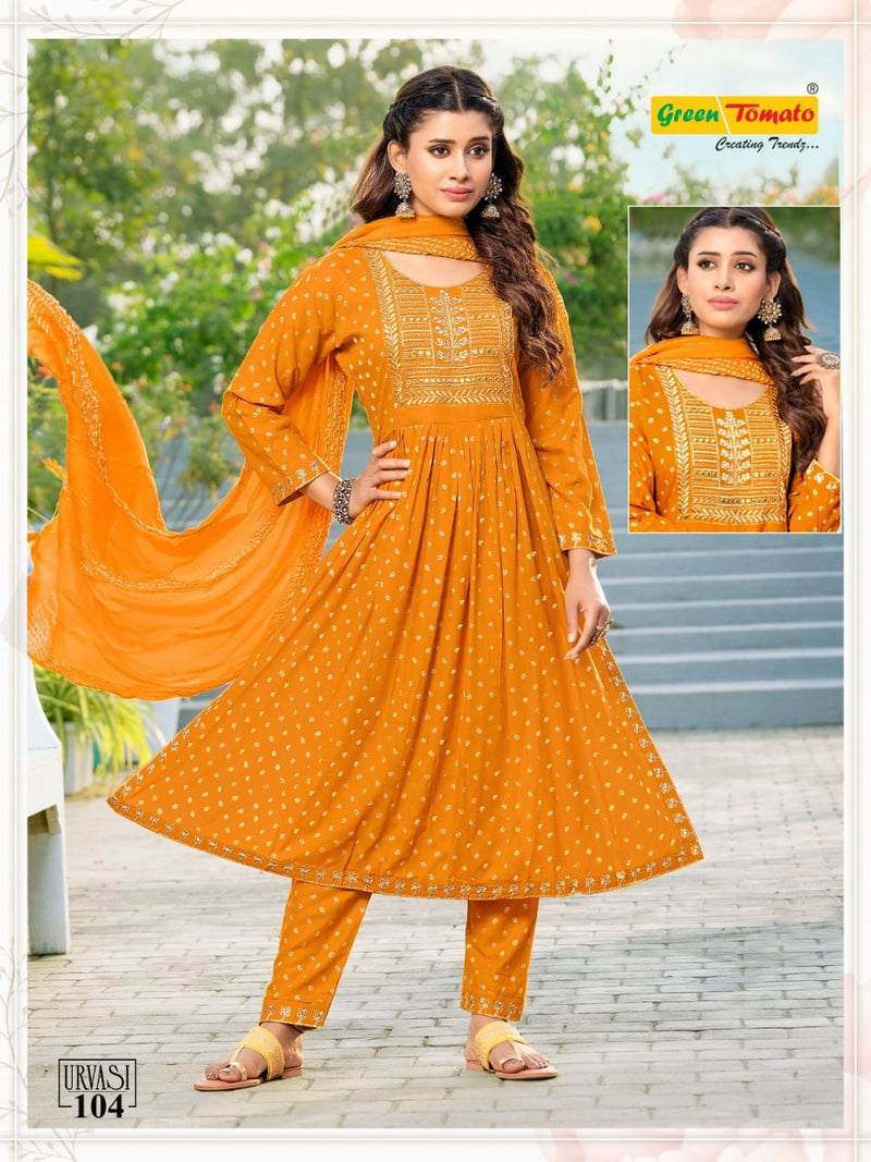 Green Tomato Urvasi Rayon Fancy Nayra Style Kurti Combo