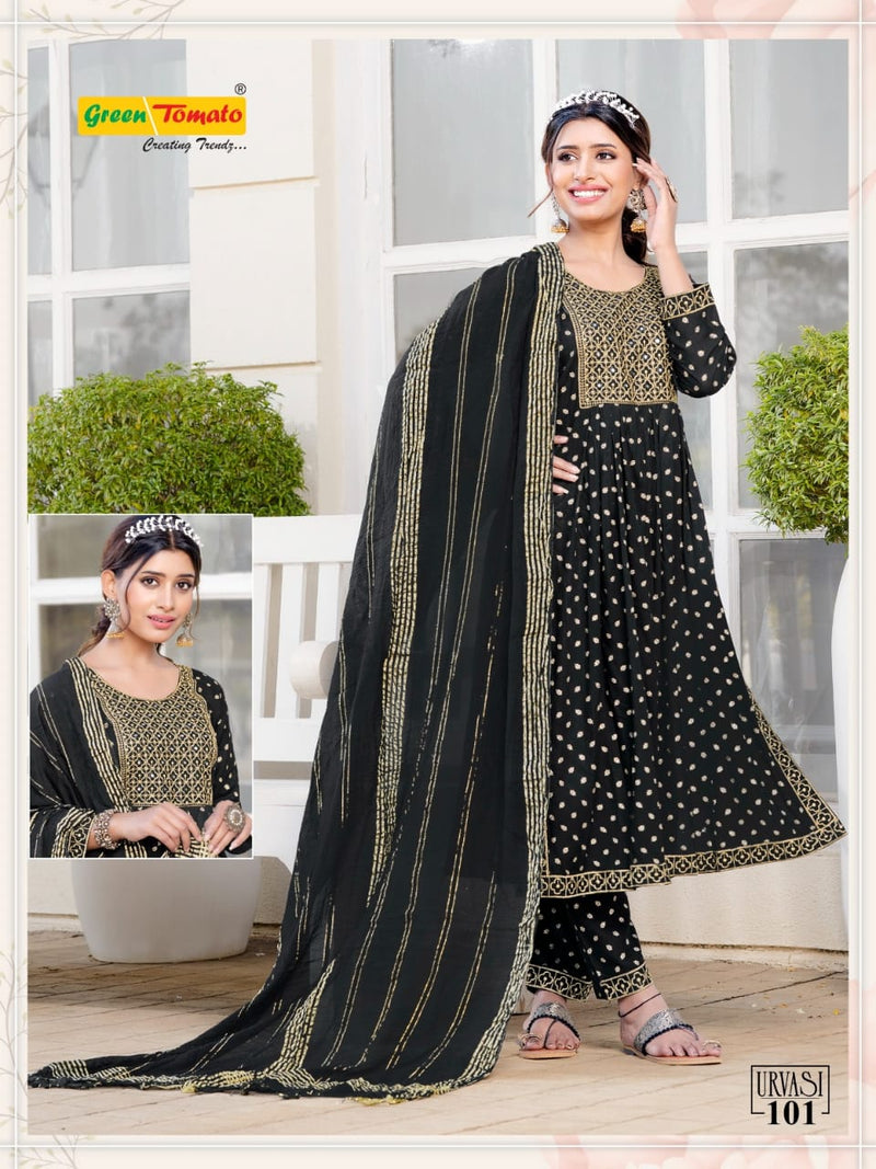 Green Tomato Urvasi Rayon Fancy Nayra Style Kurti Combo