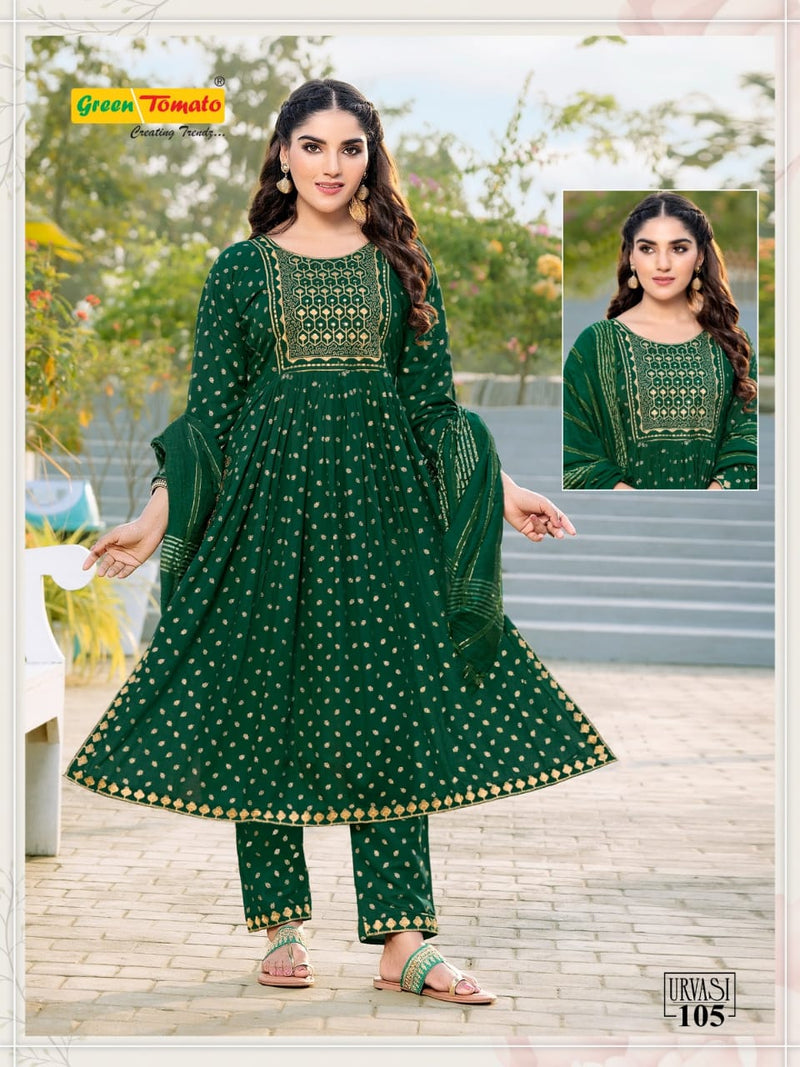 Green Tomato Urvasi Rayon Fancy Nayra Style Kurti Combo