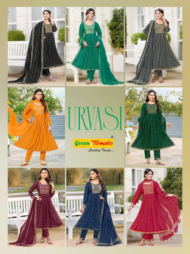 Green Tomato Urvasi Rayon Fancy Nayra Style Kurti Combo