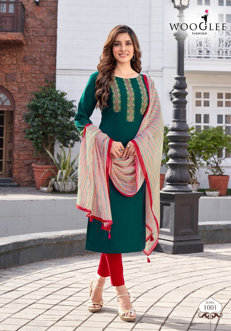 Wooglee Vaani Rayon Fancy Designer Work Kurti Combo Set