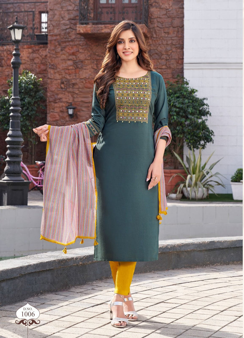 Wooglee Vaani Rayon Fancy Designer Work Kurti Combo Set