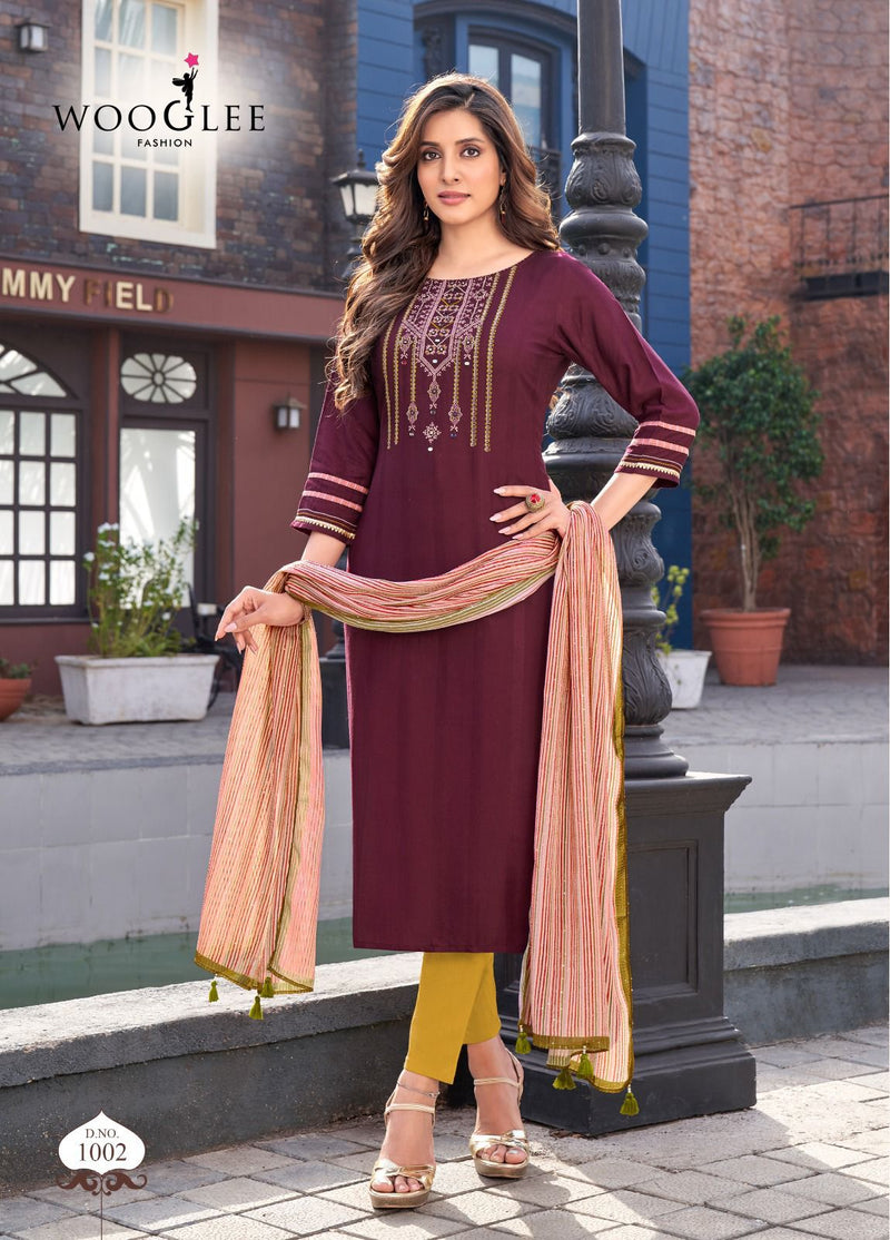 Wooglee Vaani Rayon Fancy Designer Work Kurti Combo Set