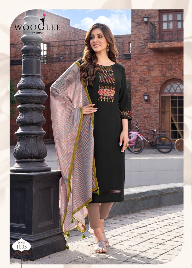 Wooglee Vaani Rayon Fancy Designer Work Kurti Combo Set