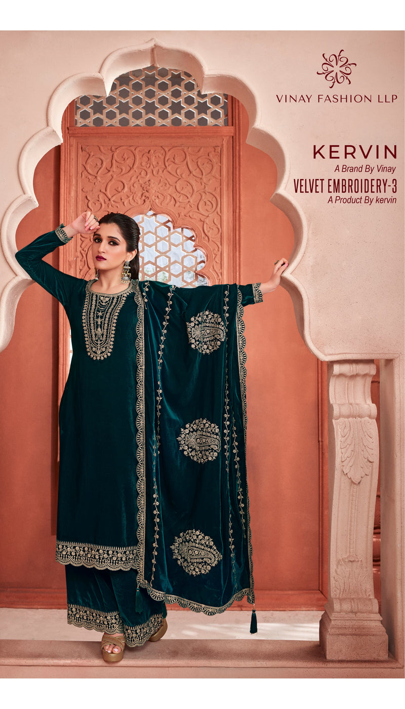 Vinay Fashion Kervin Velvet Embroidery Vol 3 Velvet Heavy Look Winter Wear Suits