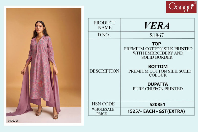 Ganga Vera 1867 Cotton Silk Printed With Embroidery Designer Fancy Suits