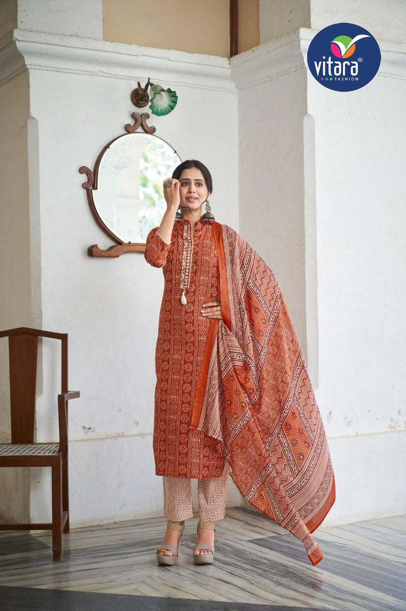 Vitara Fashion Violet Printed Cambric Cotton With Fancy Designer Ready Made Suits