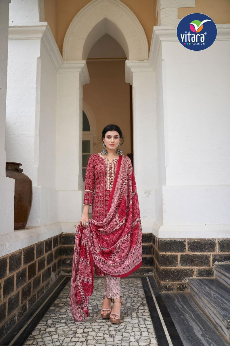 Vitara Fashion Violet Printed Cambric Cotton With Fancy Designer Ready Made Suits