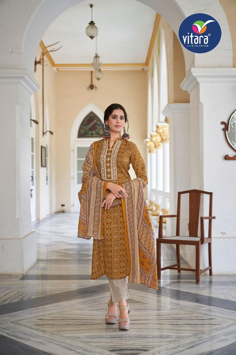 Vitara Fashion Violet Printed Cambric Cotton With Fancy Designer Ready Made Suits
