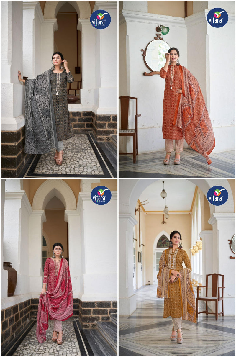 Vitara Fashion Violet Printed Cambric Cotton With Fancy Designer Ready Made Suits