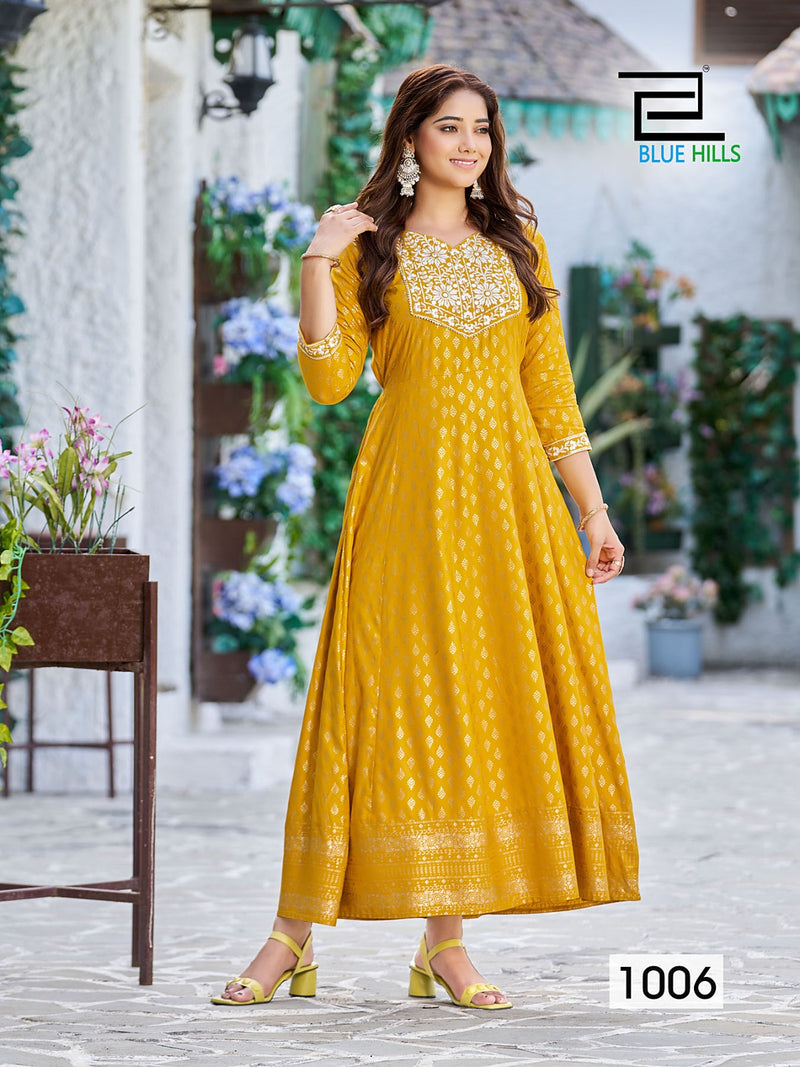 Blue Hills Walkway Remix Vol 1 Rayon Printed Fancy Long Gown Style Kurtis