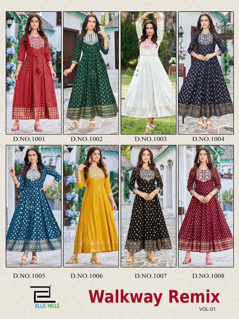 Blue Hills Walkway Remix Vol 1 Rayon Printed Fancy Long Gown Style Kurtis