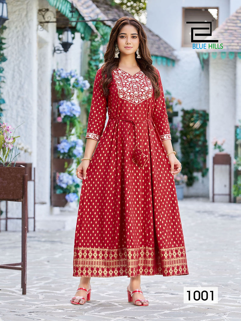 Blue Hills Walkway Remix Vol 1 Rayon Printed Fancy Long Gown Style Kurtis